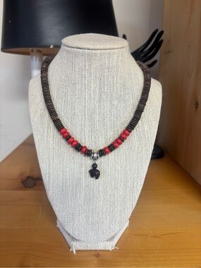 Boho Brown and Red Beaded Necklace with Black Pendant